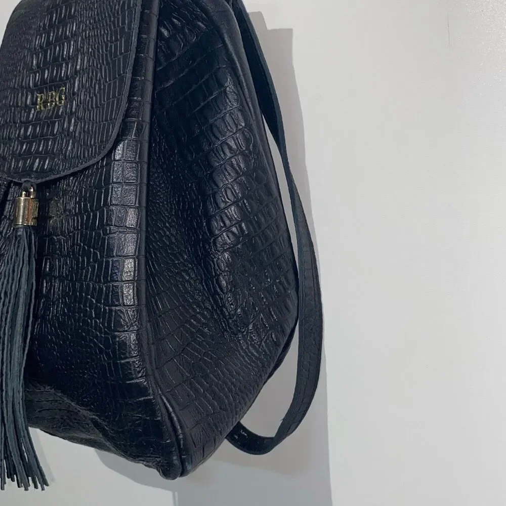 Black Croc Embossed Leather RBG Monogram Tassel Backpack‎ Gold Hardware